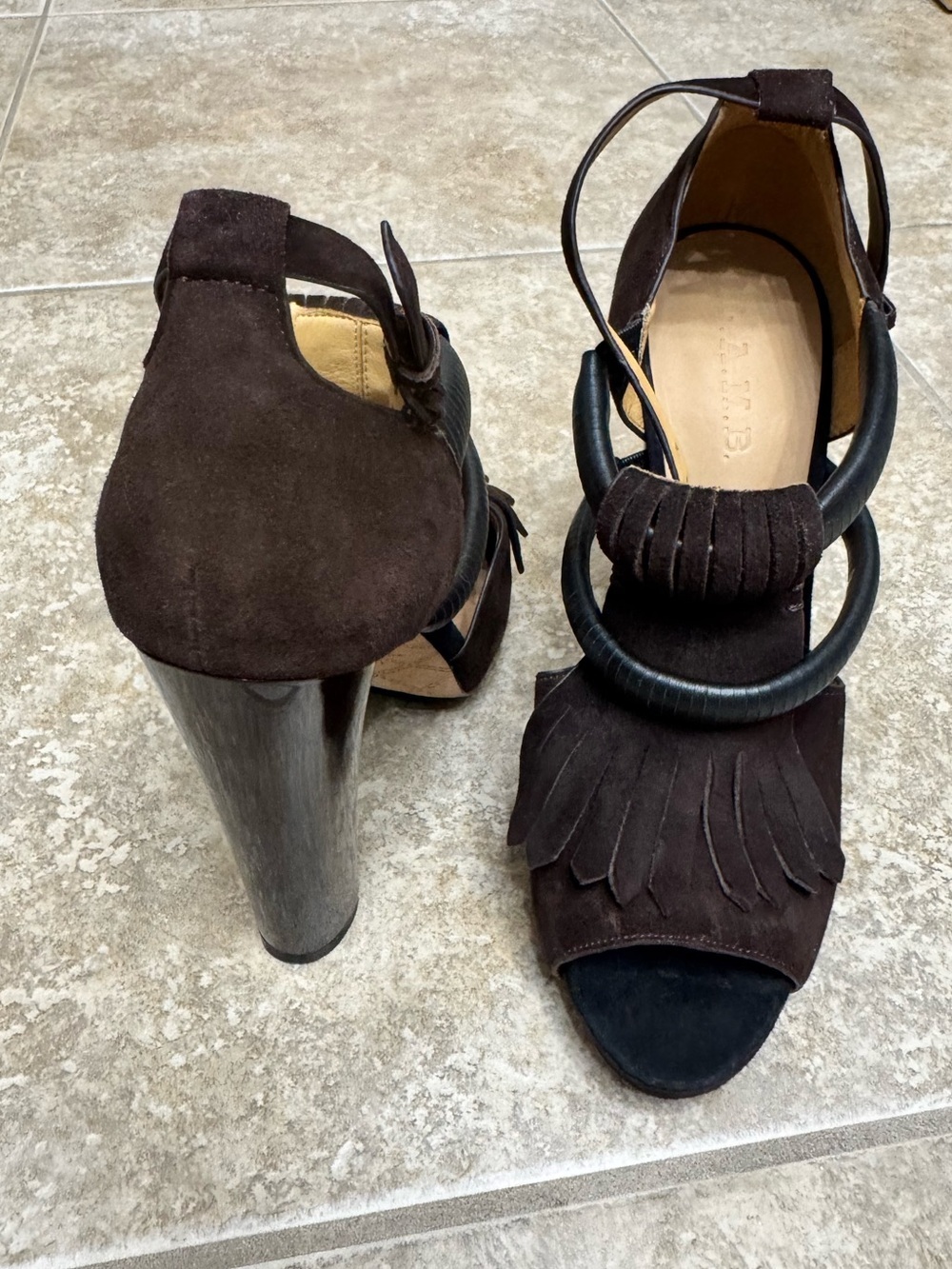 L.A.M.B. Black Brown Suede Fringe Platform Heel Sandals - Picture 4 of 7